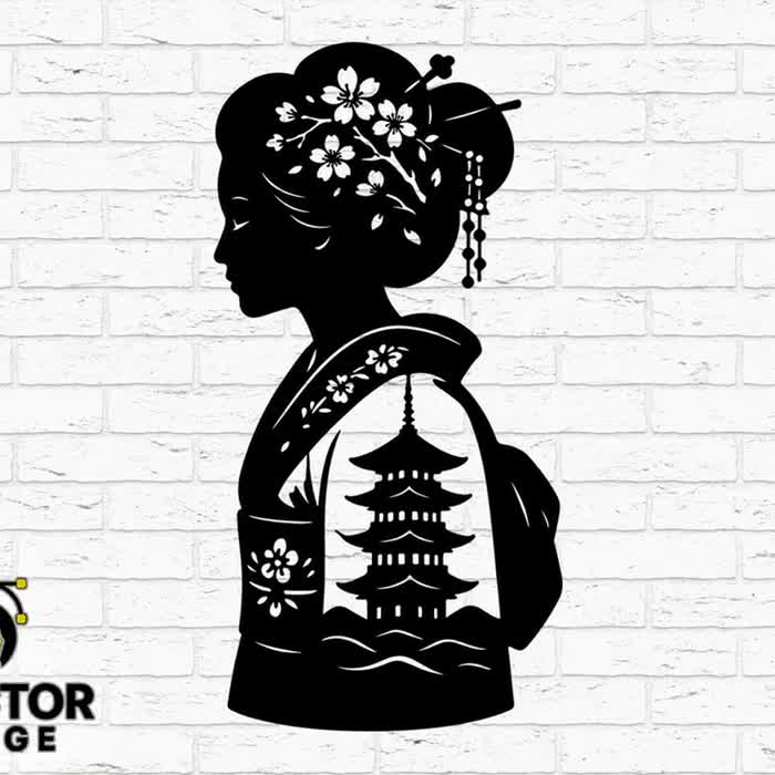 Geisha Silhouette SVG | Japanese Kimono, Pagoda Design (digital